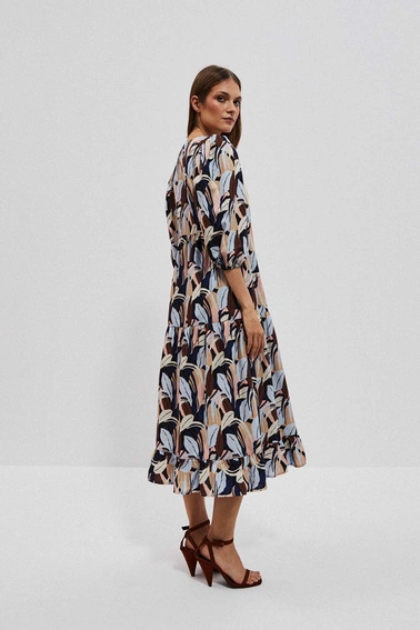 Wzorzysta sukienka midi z falbaną ciemnobeżowa