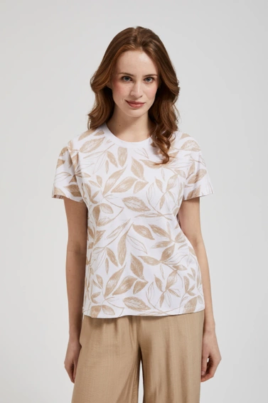 Bluza z okrągłym dekoltem i wzorem liści beżowa