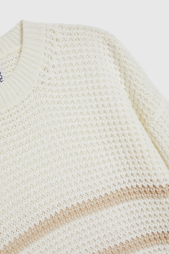 Sweter w paski z okrągłym dekoltem beżowy
