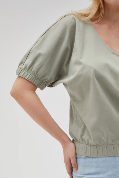 Bawełniana bluzka z bufiastymi rękawami oliwkowa