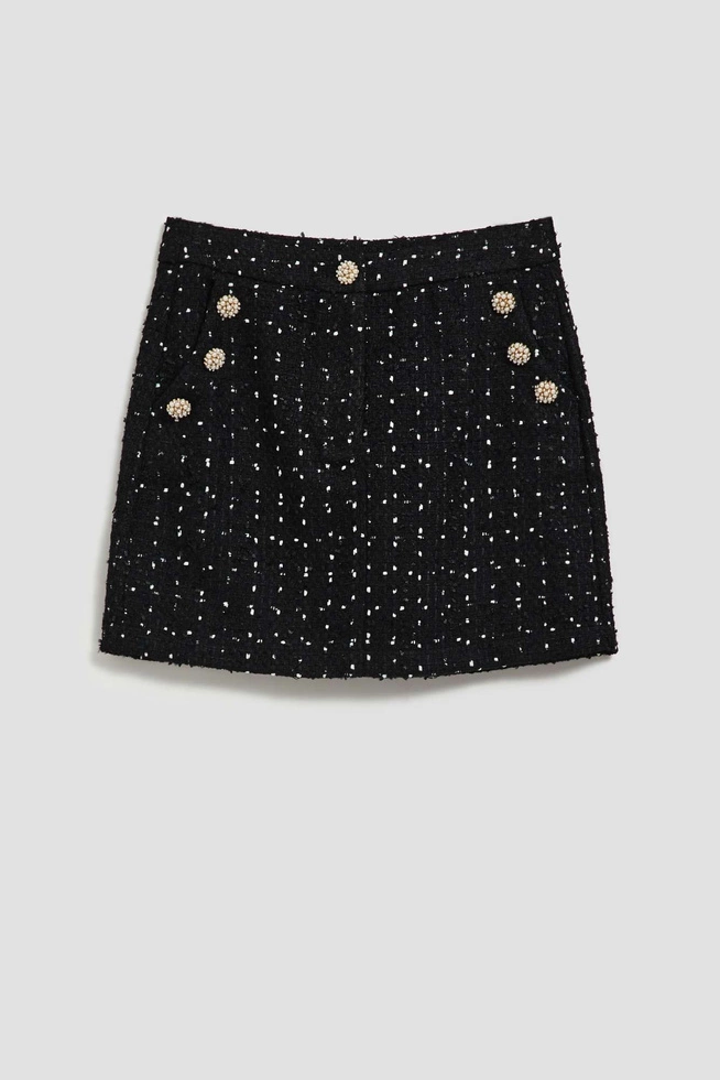 Spódnica w tweedowym stylu z ozdobnymi guzikami czarna