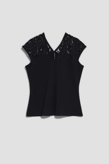 Bluzka z dekoltem w serek i koronką czarna