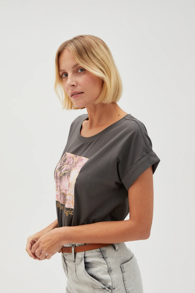 Bawełniana bluzka z nadrukiem i napisem szara