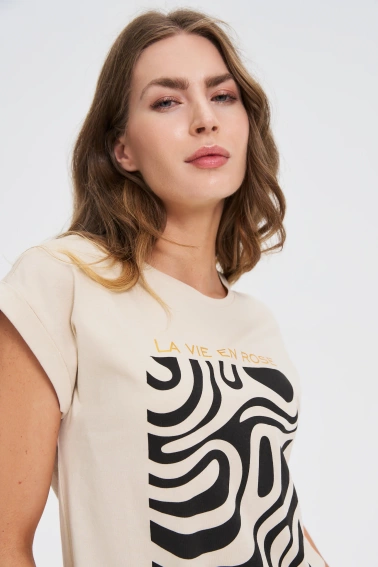 T-shirt z geometrycznym nadrukiem beżowy