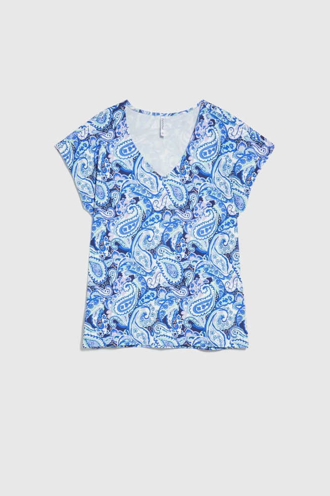 Wzorzysta bluzka z krótkimi rękawami niebieska