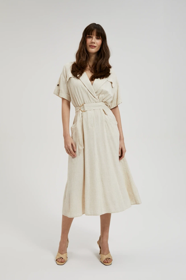 Lniana sukienka z dekoltem w serek beżowa