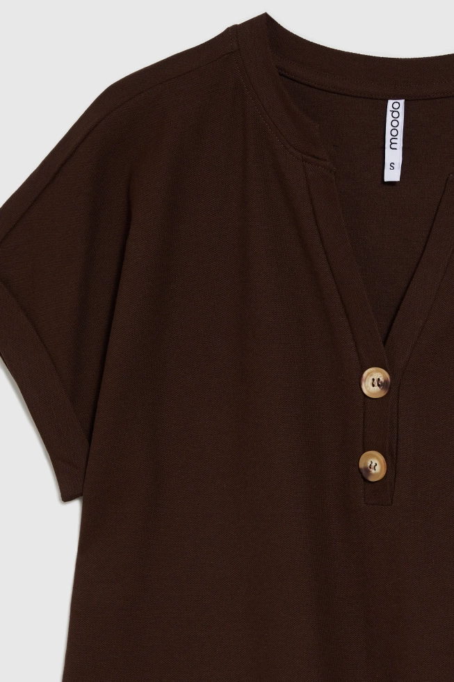 Bluzka z guzikami na dekolcie brązowa