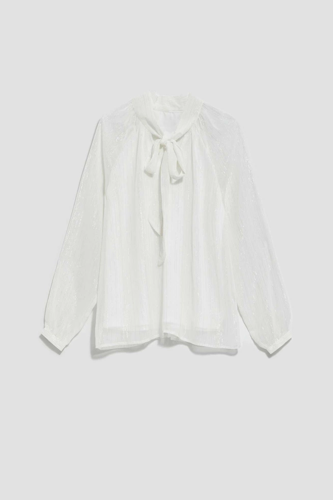 Koszula z wiązanym dekoltem w serek i bufiastymi rękawami perłowa