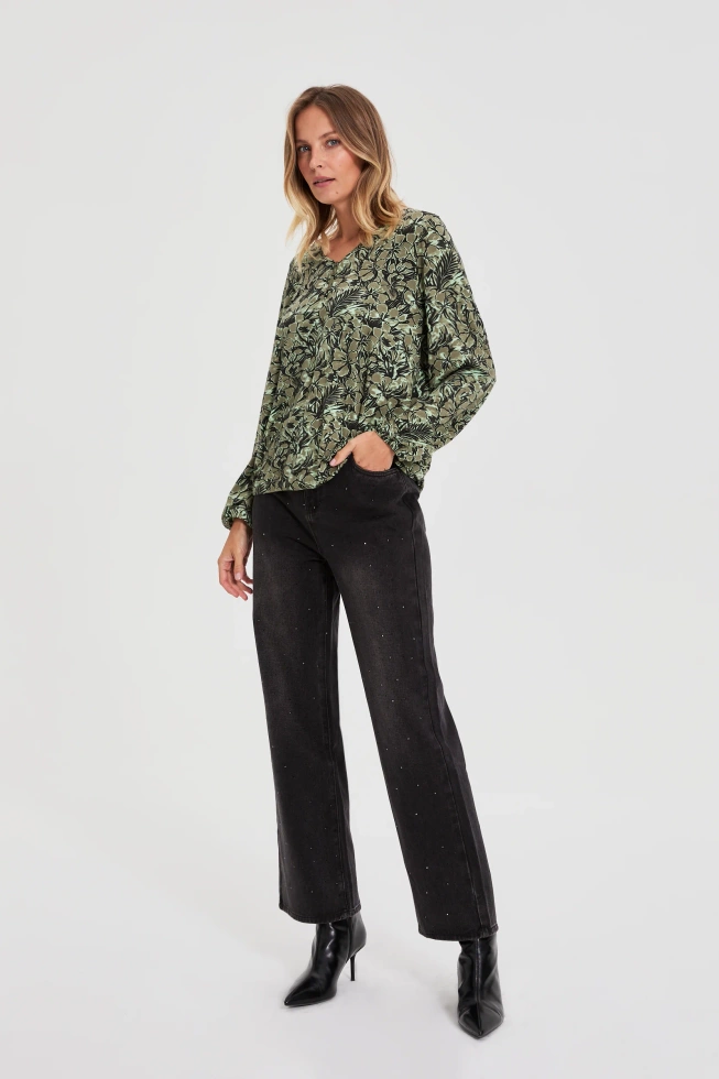 Bluzka w kwiaty oliwkowa