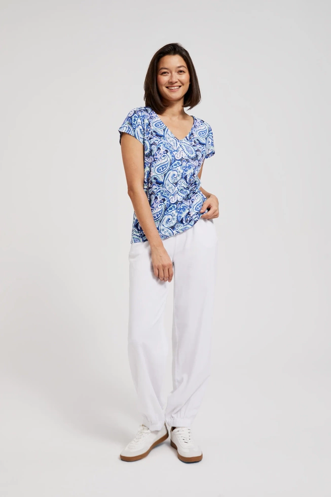 Wzorzysta bluzka z krótkimi rękawami niebieska