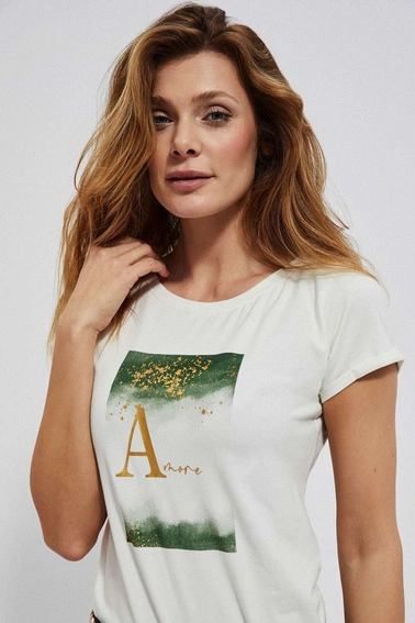 Bawełniana bluzka z nadrukiem w kolorze zielonym i złotym perłowa