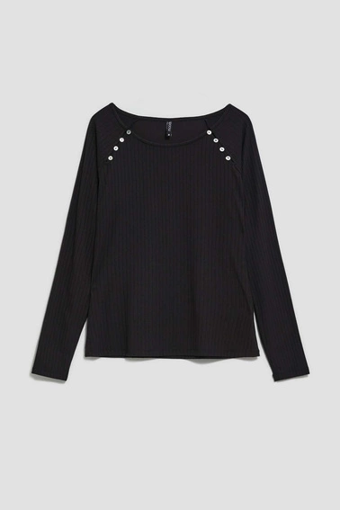 Bluzka z prążkowanej dzianiny z ozdobnymi guzikami czarna