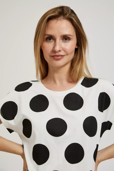 Bluzka w duże kropki z okrągłym dekoltem biała 