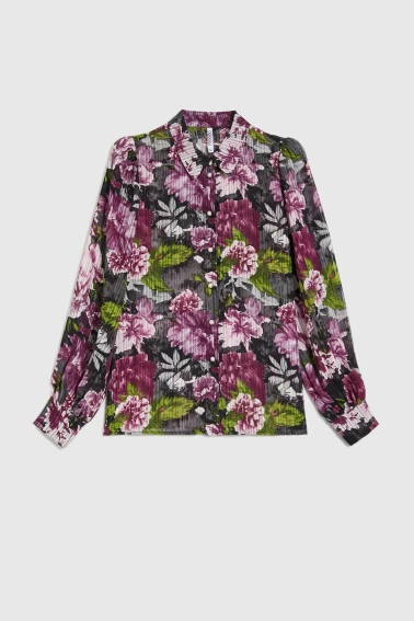 Koszula w kwiaty z bufiastymi rękawami czarna