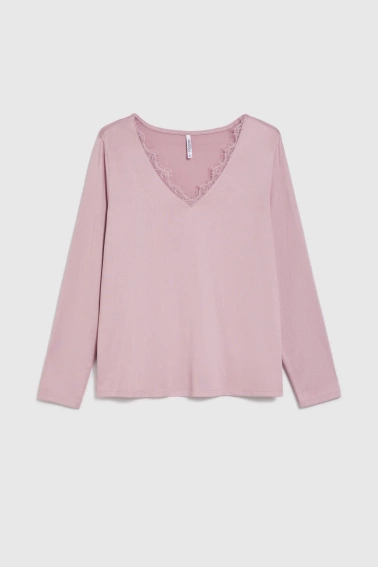 Sweter z koronkowym dekoltem różowa 