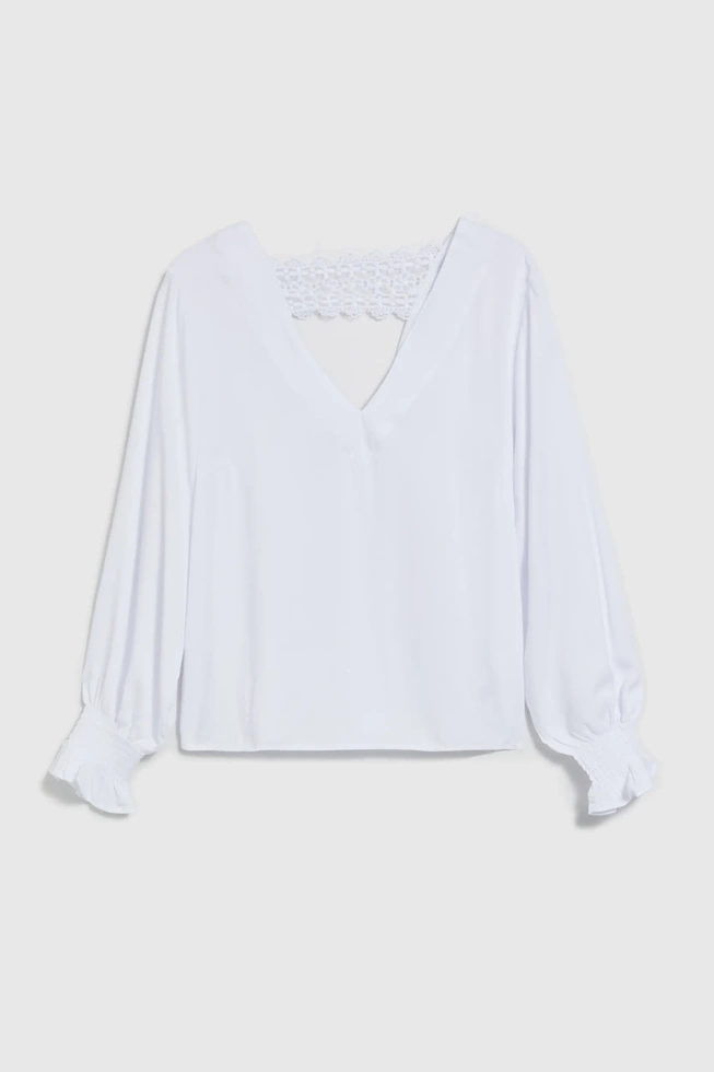 Wiskozowa koszula z dekoltem w serek i bufiastymi rękawami biała