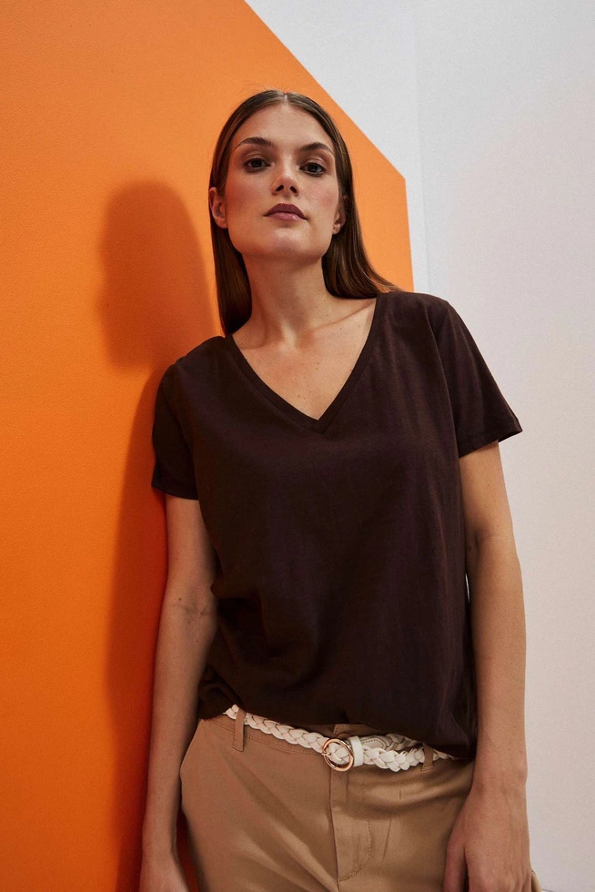 Bawełniana bluzka z dekoltem w serek ciemnbrązowa