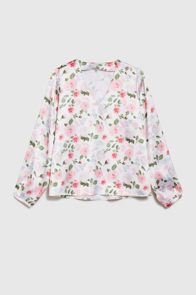 Koszula w kwiaty z dekoltem w serek biała