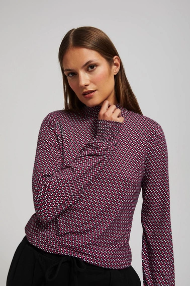 Wzorzysta bluzka z półgolfem fuksjowa