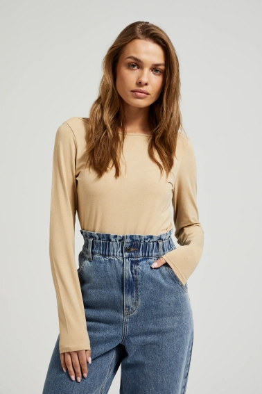 Gładka bluzka z długimi rękawami beżowa