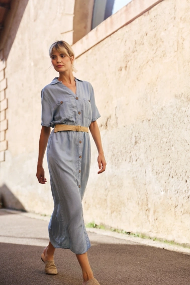 Sukienka lyocell z paskiem błękitna 