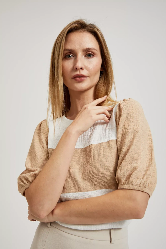 Bluzka w pasy z bufiastymi rękawami beżowa