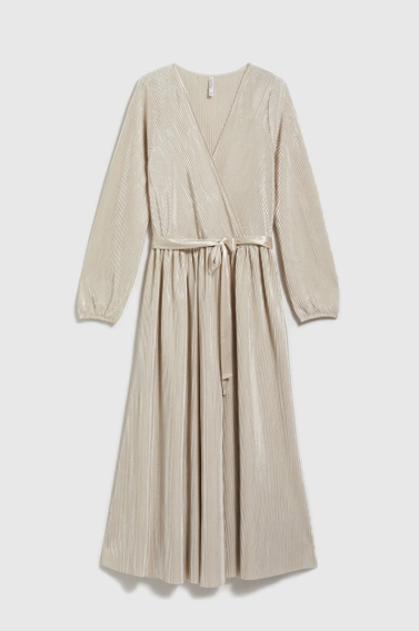 Prążkowana sukienka z związaniem w talii beżowa