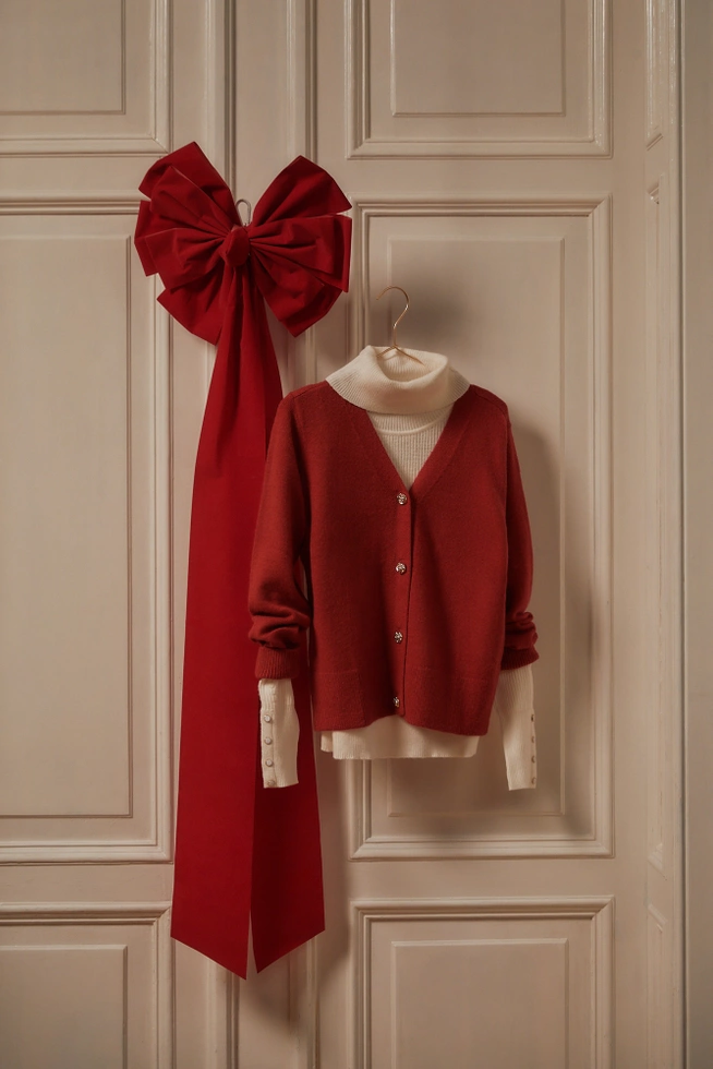 Kardigan z guzikami w kształcie róży czerwony