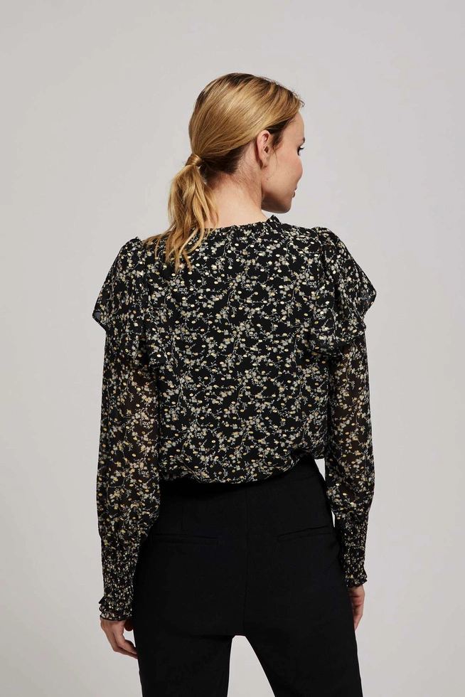 Wzorzysta koszula z wiązaniem na dekolcie czarna