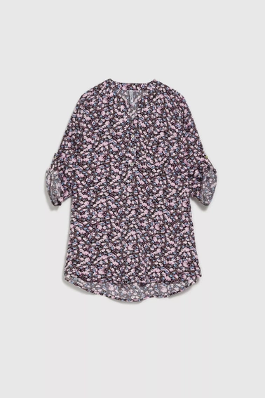 Koszula z kwiatowym printem i podwijanymi rękawami granatowa