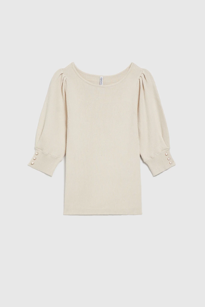 Prążkowany sweter z bufiastymi rękawami beżowy