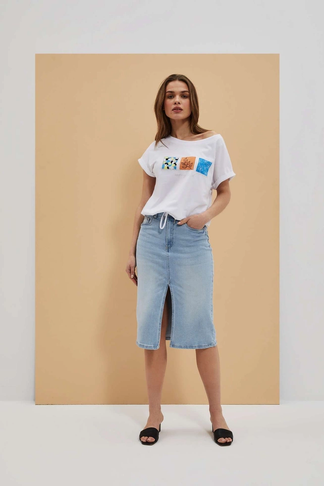 Bawełniany t-shirt z roślinnym nadrukiem i okrągłym dekoltem biały