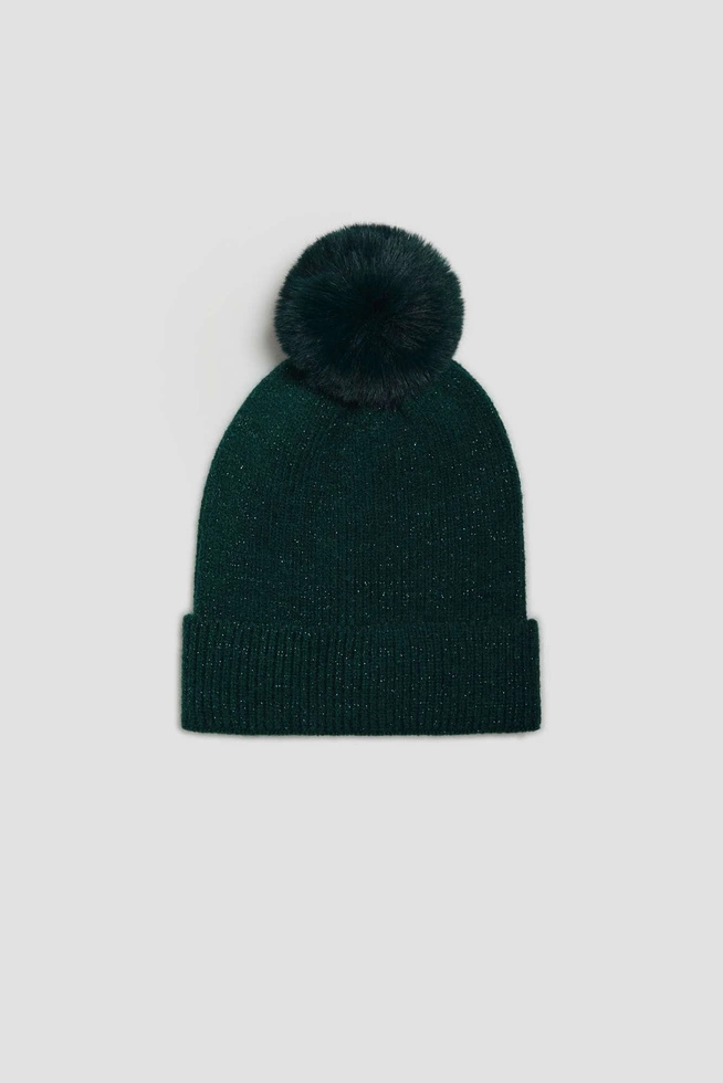 Czapka z pomponem i metaliczną nitką szmaragdowa