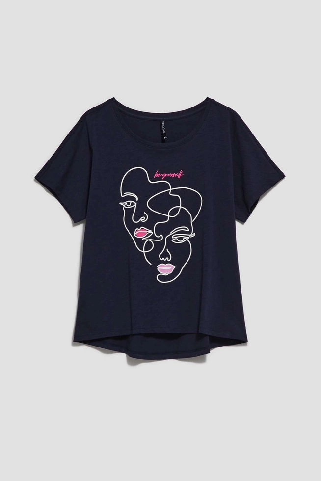 Bluzka z nadrukiem w kształcie twarzy granatowa