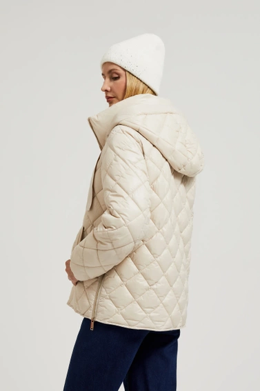 Krótka pikowana kurtka z kapturem beżowa