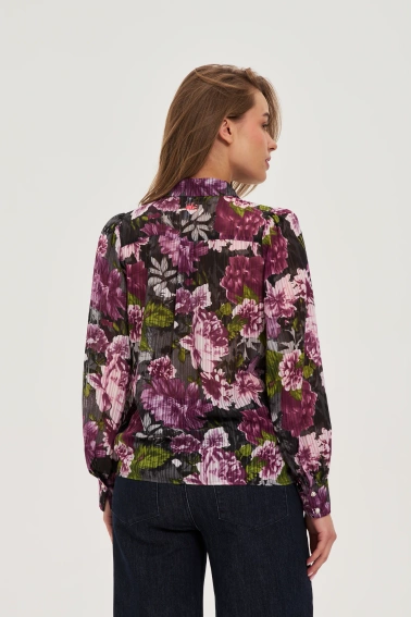 Koszula w kwiaty z bufiastymi rękawami czarna