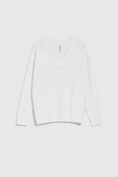 Ażurowy sweter z metaliczną nitką biały