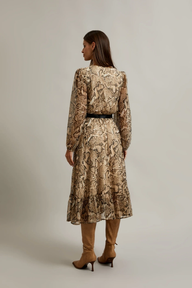 Sukienka z bufiastymi rękawami i zwierzęcym wzorem beżowa