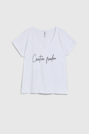 Bluzka z dekoltem w serek i napisem biała