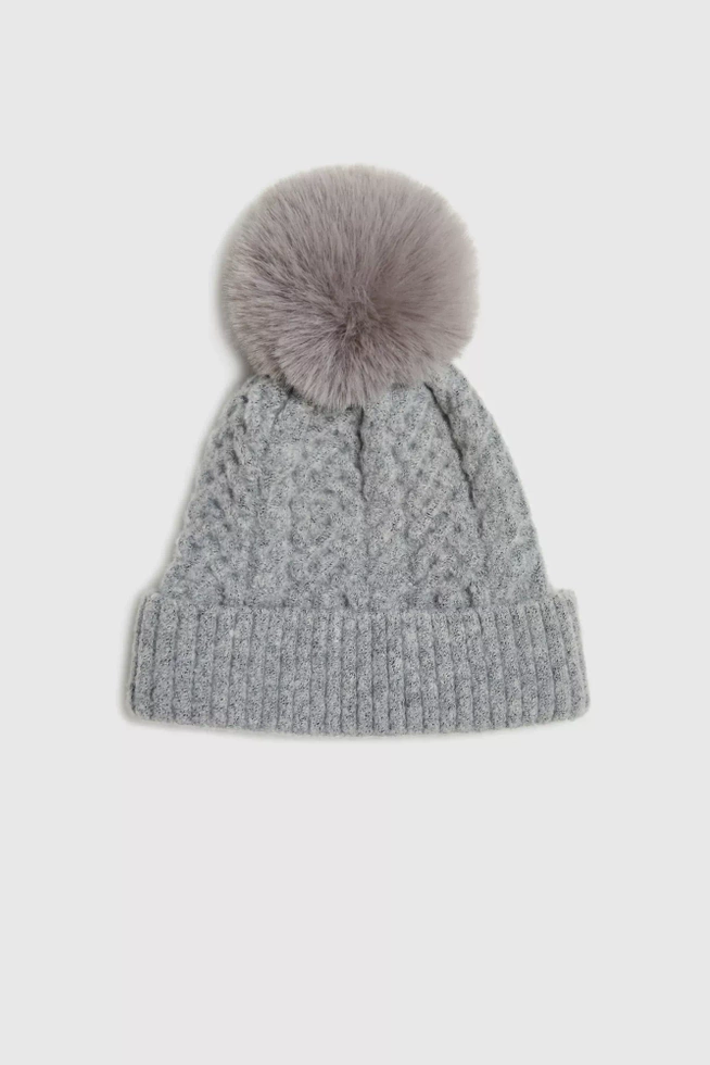 Czapka z futrzanym pomponem szara