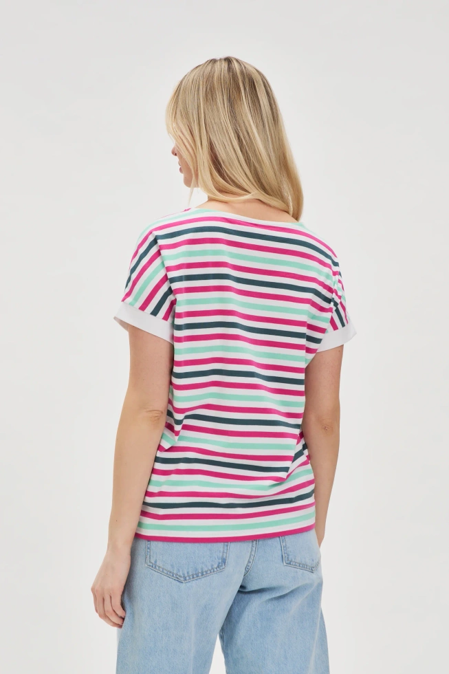 T-shirt w paski fuksjowy