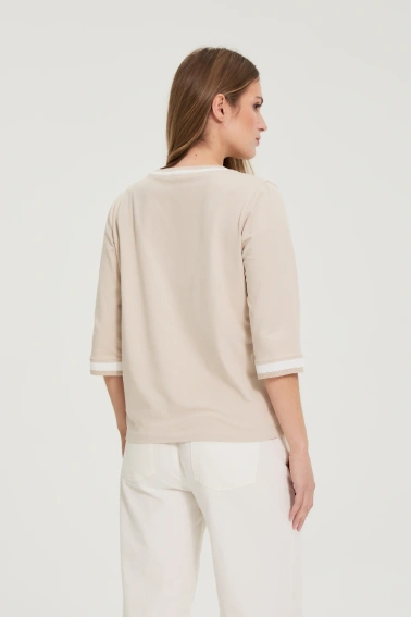 Bawełniana bluzka z dekoltem w serek beżowa