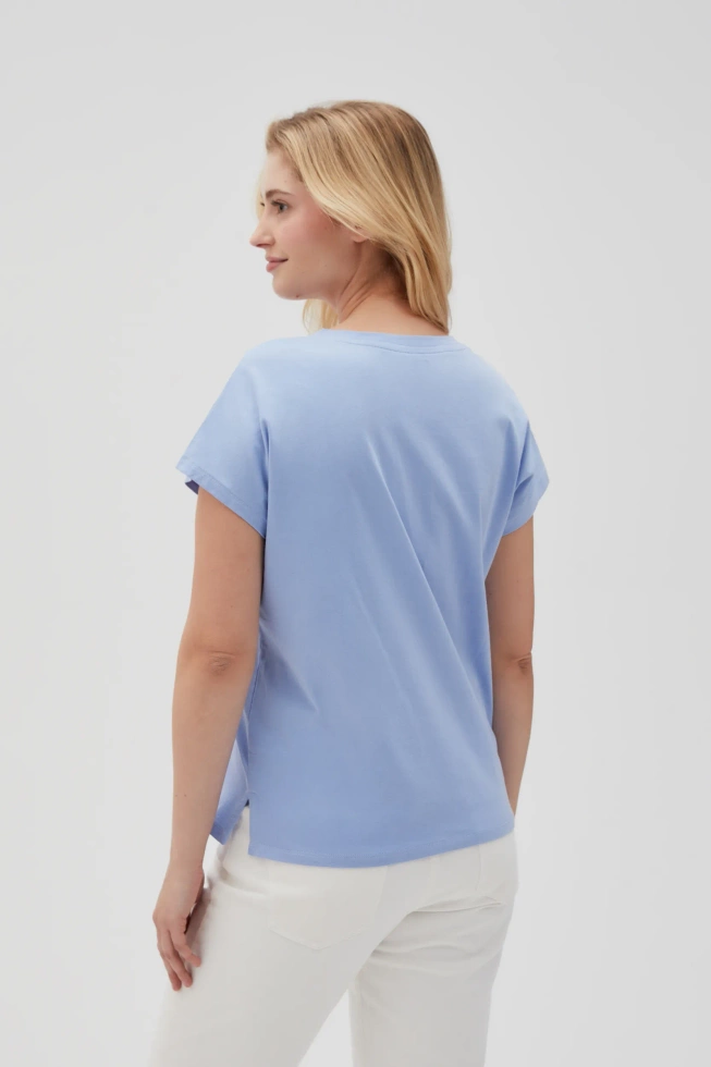 Bawełniny t-shirt z dekoltem w serek niebieski
