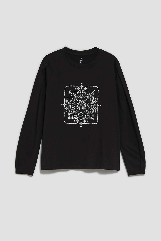Bluzka z długimi rękawami i metalicznym printem czarna