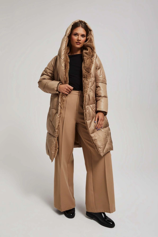 Długa kurtka z kapturem ciemnobeżowa