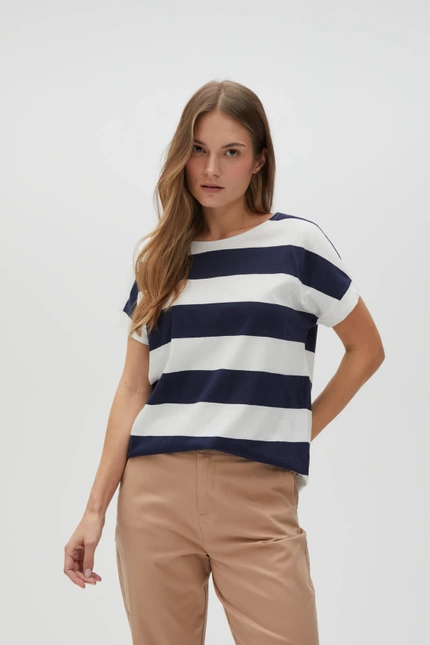 Bluzka w paski z krótkimi rękawami granatowa