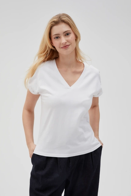 Gładki t-shirt z dekoltem w serek biały