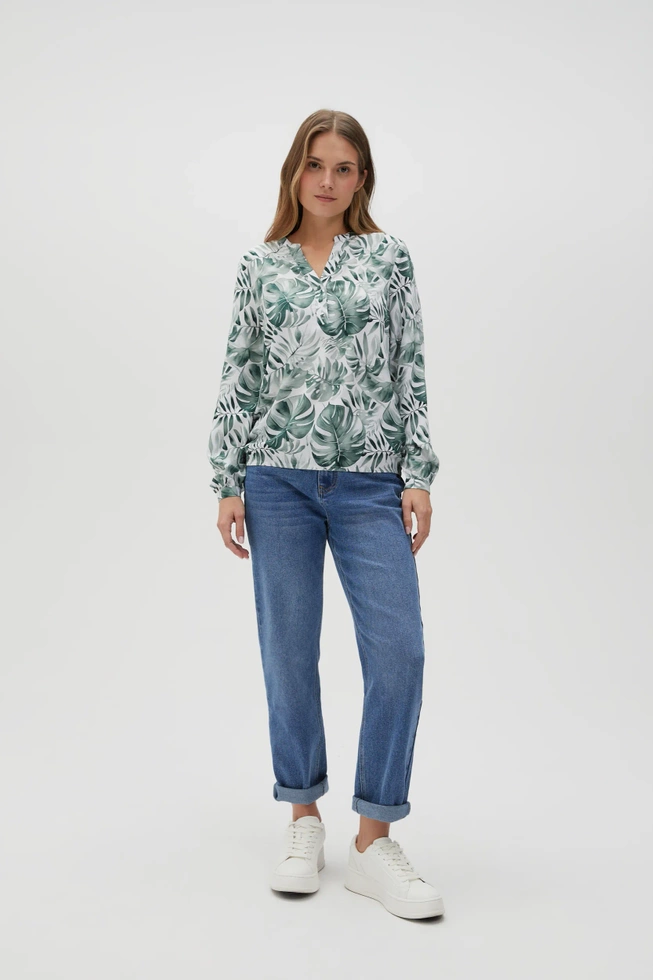 Wiskozowa koszula z tropikalnym wzorem oliwkowa