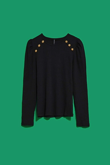 Bluzka z prążkowanej dzianiny z bufiastymi rękawami czarna