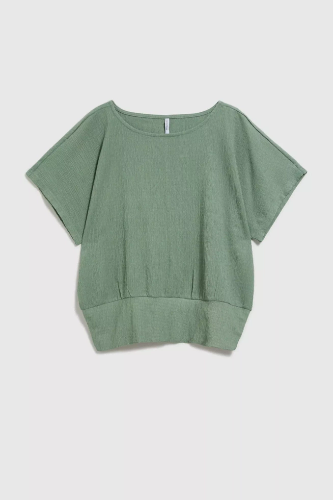 Gładka bluzka z okrągłym dekoltem oliwkowa
